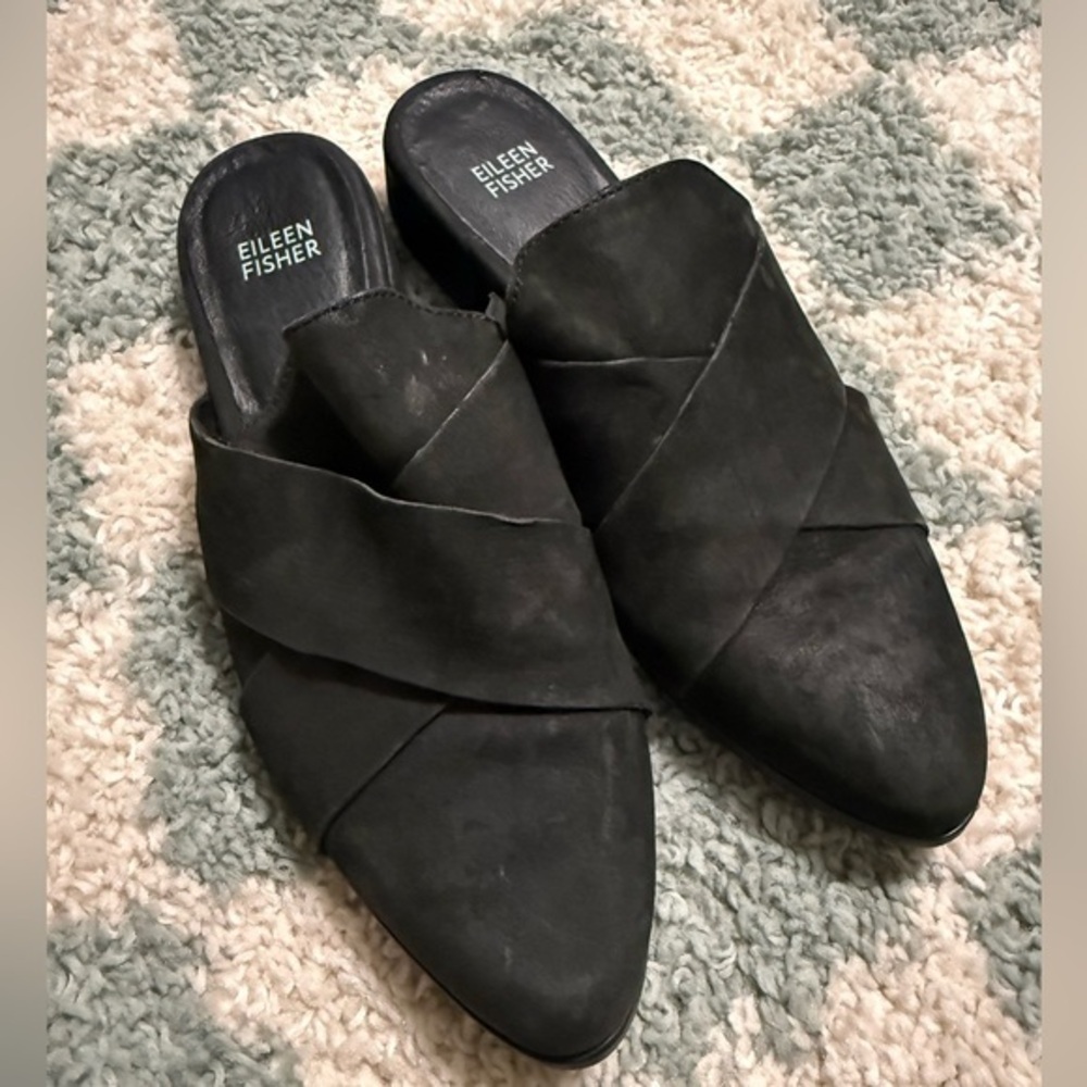 EILEEN FISHER Black Leather Suede Bauer Mules Classic Luxury Minimalist Size 8